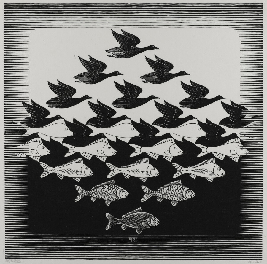 M.C. Escher, Sky and Water I, June 1938, woodcut. Courtesy of Michael S. Sachs.
All M.C. Escher works © The M.C. Escher Company, The Netherlands. All rights reserved.
