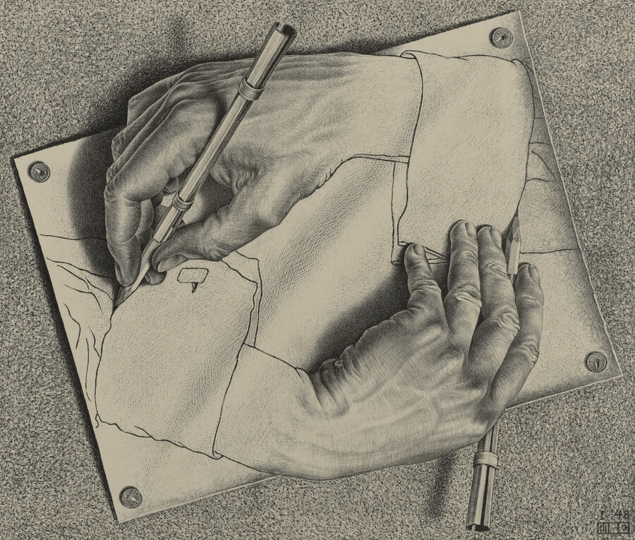 M.C. Escher, Drawing Hands, January 1948, lithograph. Courtesy of Michael S. Sachs. All M.C. Escher works © The M.C. Escher Company, The Netherlands. All rights reserved.