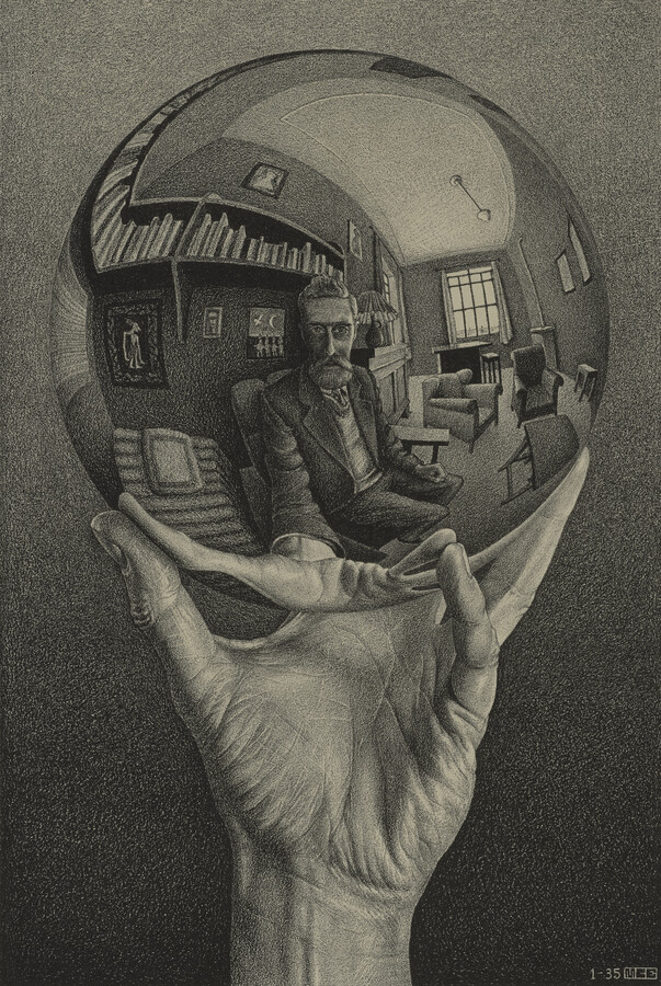 M.C. Escher, Hand with Reflecting Sphere, January 1935, lithograph. Courtesy of Michael S. Sachs. All M.C. Escher works © The M.C. Escher Company, The Netherlands. All rights reserved.