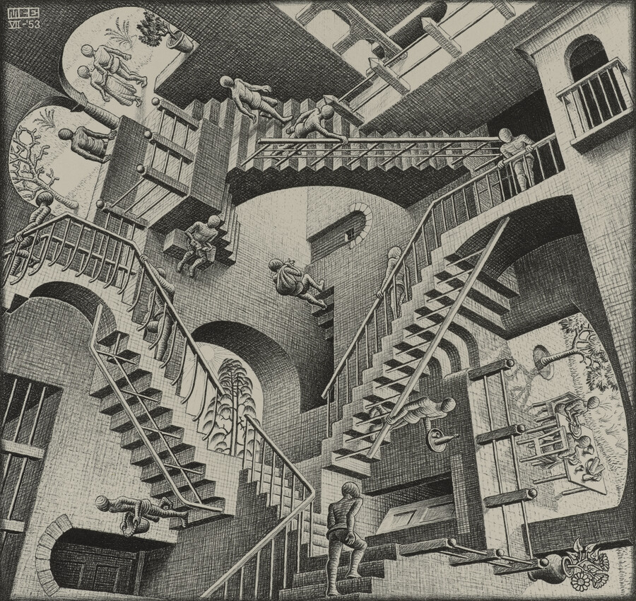 M.C. Escher, Relativity, July 1953, lithograph, Courtesy of Michael S. Sachs. All M.C. Escher works © The M.C. Escher Company, The Netherlands. All rights reserved.