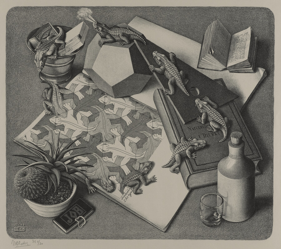 M.C. Escher, Reptiles, March 1943, lithograph. Courtesy of Michael S. Sachs. All M.C. Escher works © The M.C. Escher Company, The Netherlands. All rights reserved.