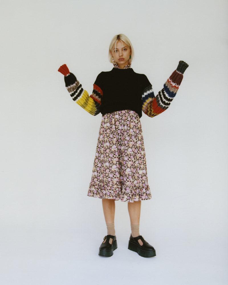 sweater by COLVILLE, dress by BATSHEVA, shoes by MARNI