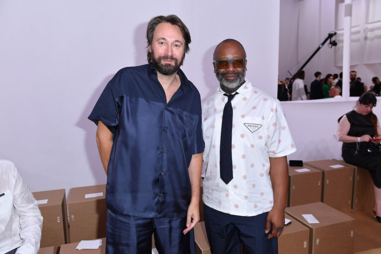 Francesco Vezzoli and Theaster Gates attend Prada Spring/Summer 2023 Menswear Fashion Show on June 19, 2022 in Milan, Italy. (Photo by Jacopo M. Raule/Getty Images for Prada)