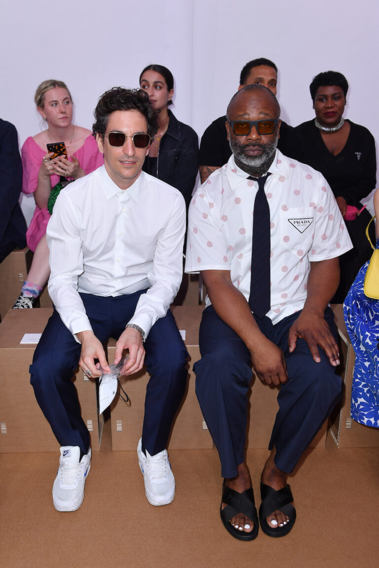 Lorenzo Bertelli and Theaster Gates attend Prada Spring/Summer 2023 Menswear Fashion Show on June 19, 2022 in Milan, Italy. (Photo by Jacopo M. Raule/Getty Images for Prada)