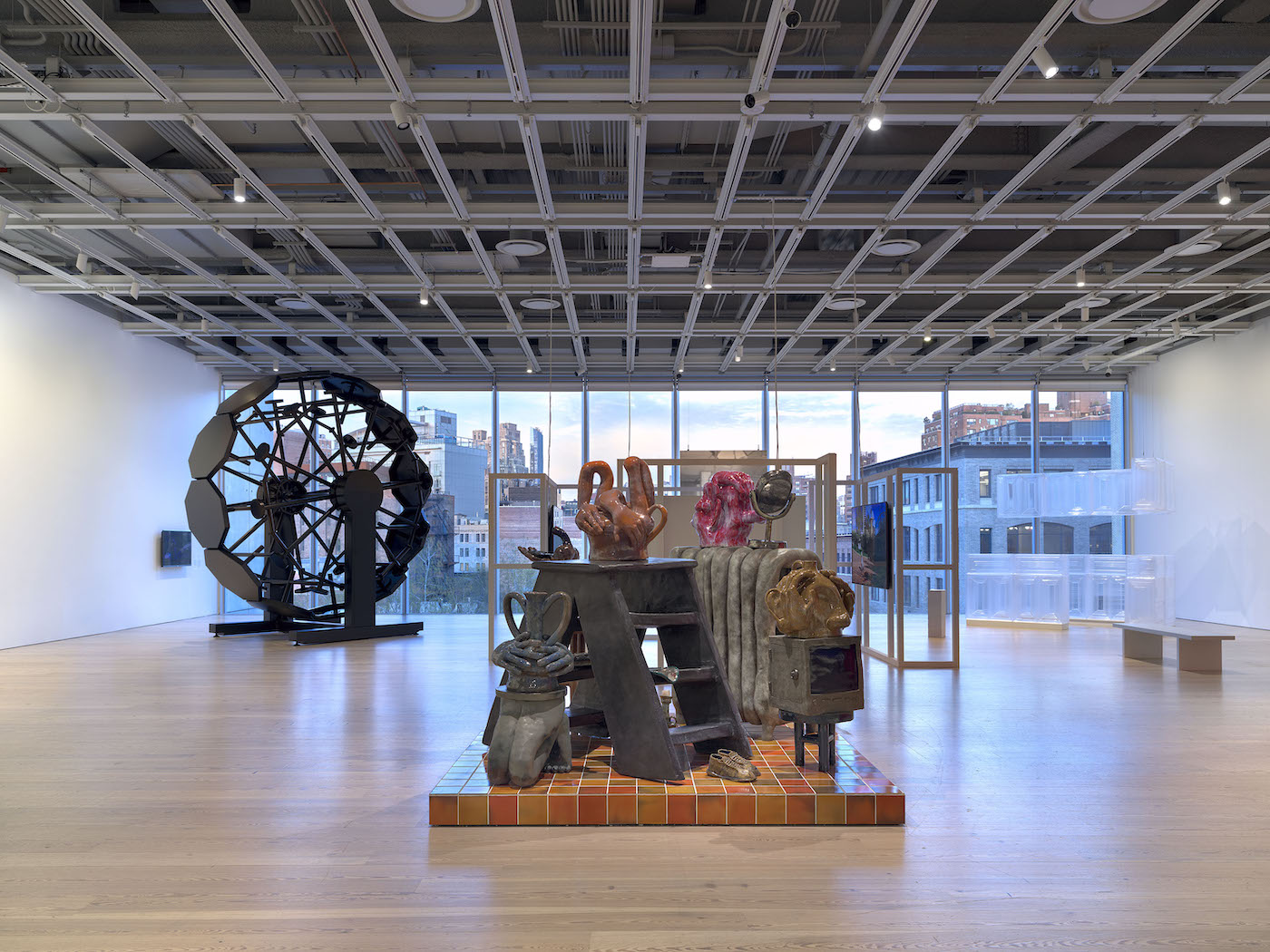 Installation view of Whitney Biennial 2022: Quiet as It’s Kept (Whitney Museum of American Art, New York, April 6- September 5, 2022). From left to right: Sable Elyse Smith, A Clockwork, 2021; Woody De Othello, The will to make things happen, 2021; Emily Barker, Kitchen, 2019. Photograph by Ron Amstutz.