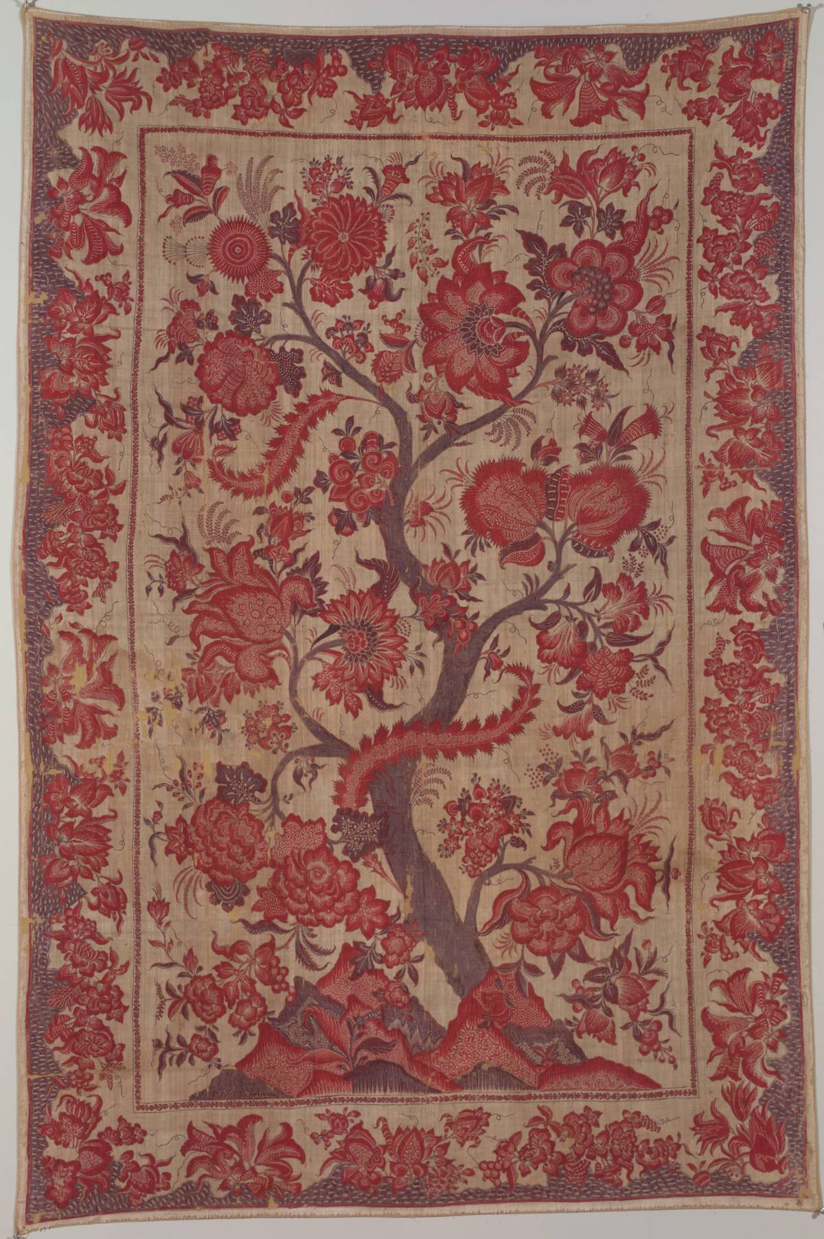 Indian, Coromandel Coast, Palampore, 18th century, cotton, hand-drawn, mordant-dyed and resist-dyed, 70 1/10 x 46 1/10 in. (180 x 119 cm), Banoo and Jeevak Parpia Collection.