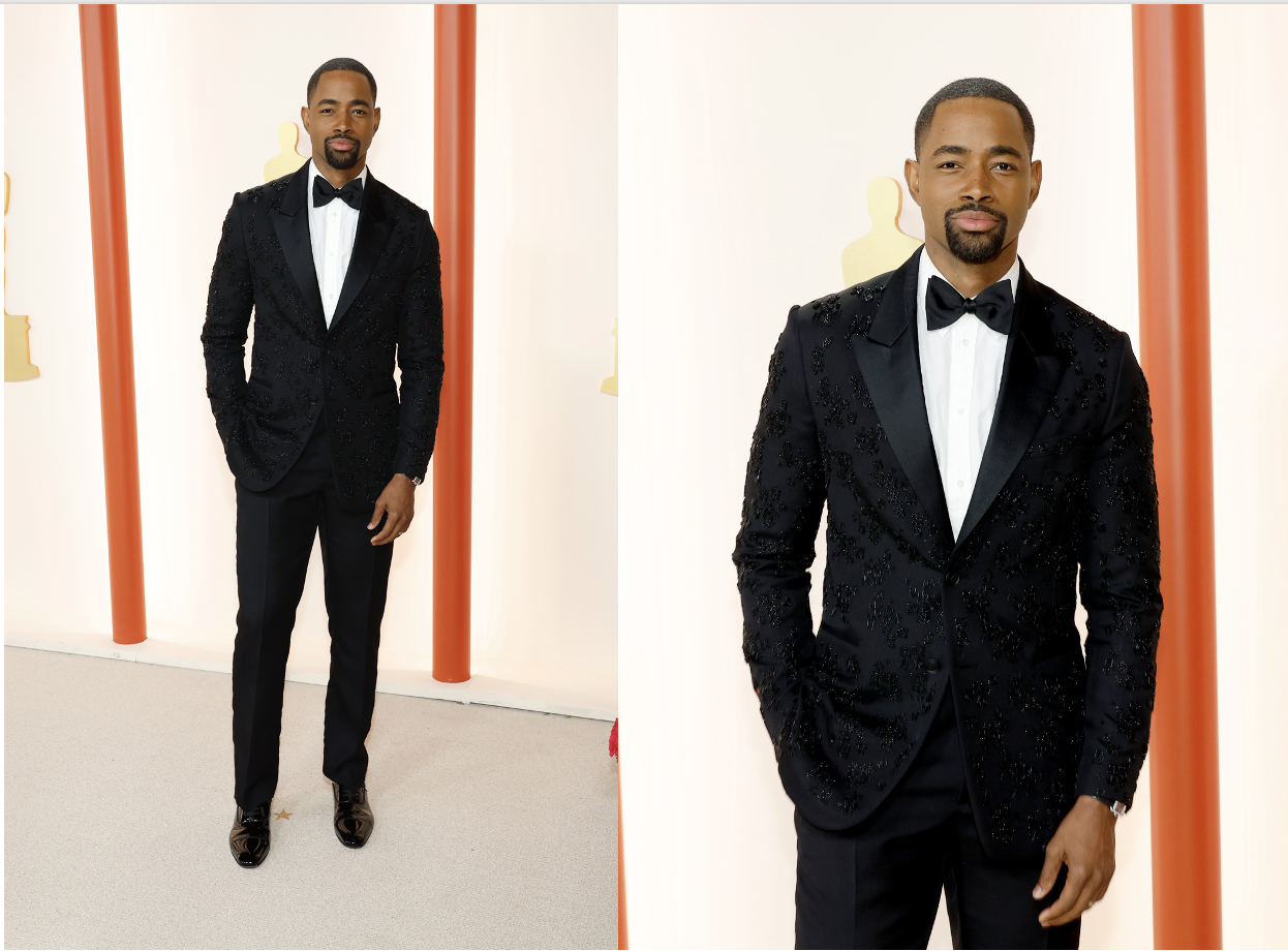 Jay Ellis, one of the protagonist of Oscars nominated movie “Top Gun:Maverick”, wears a FENDI Men's MTM look during the 95th Oscars Ceremony.