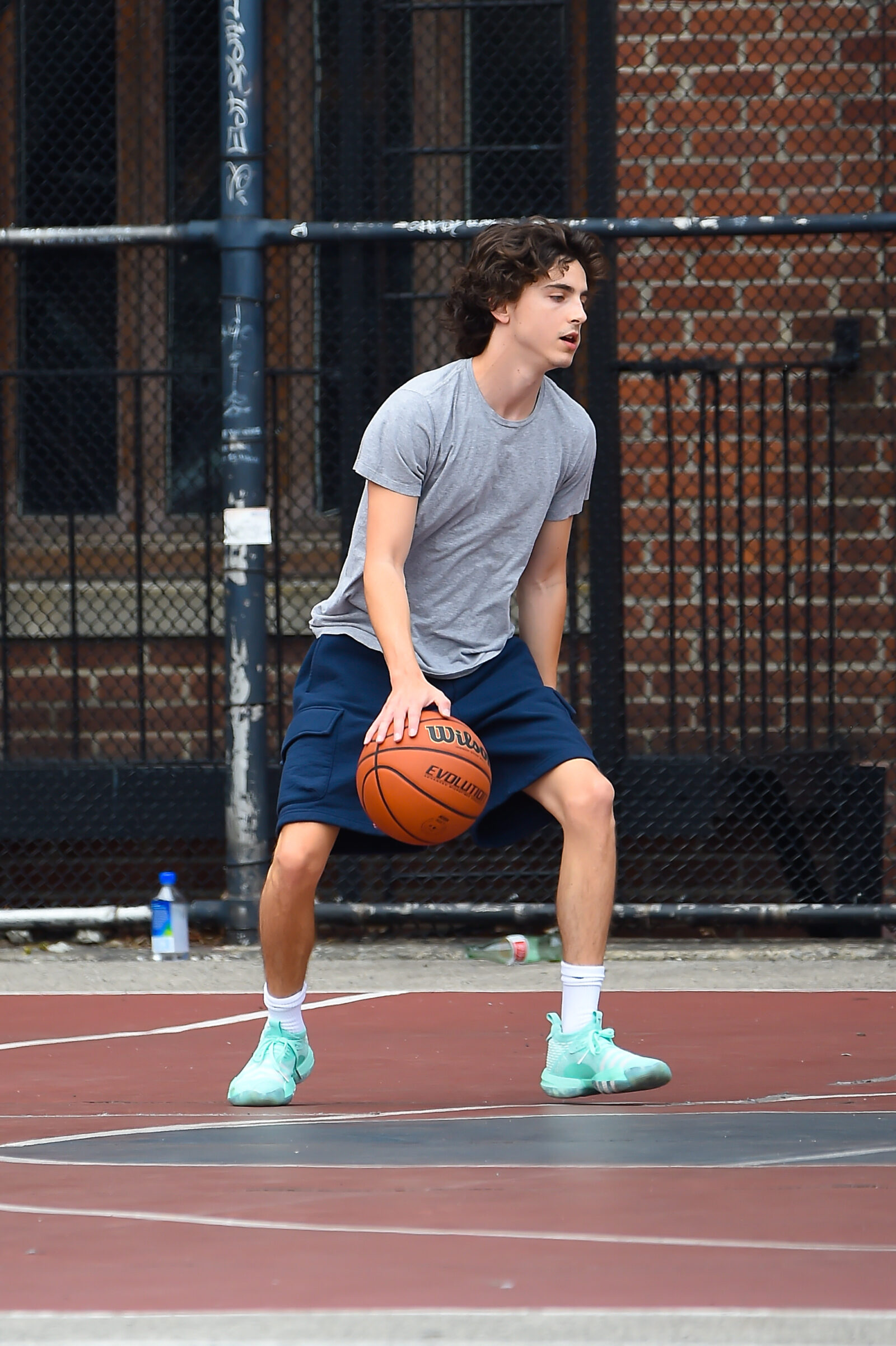 Timothee Chalamet is seen playing basketball in Soho on July 20, 2023 in New York City. (Photo by Raymond Hall/GC Images)