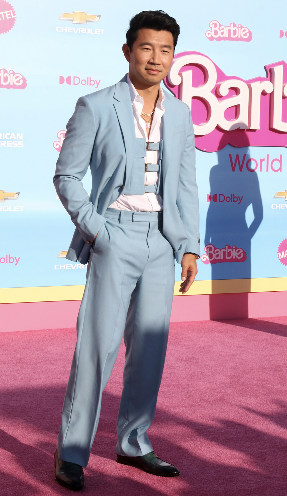 SIMU LIU wore VERSACE to attend the premiere of the ‘Barbie’ movie.