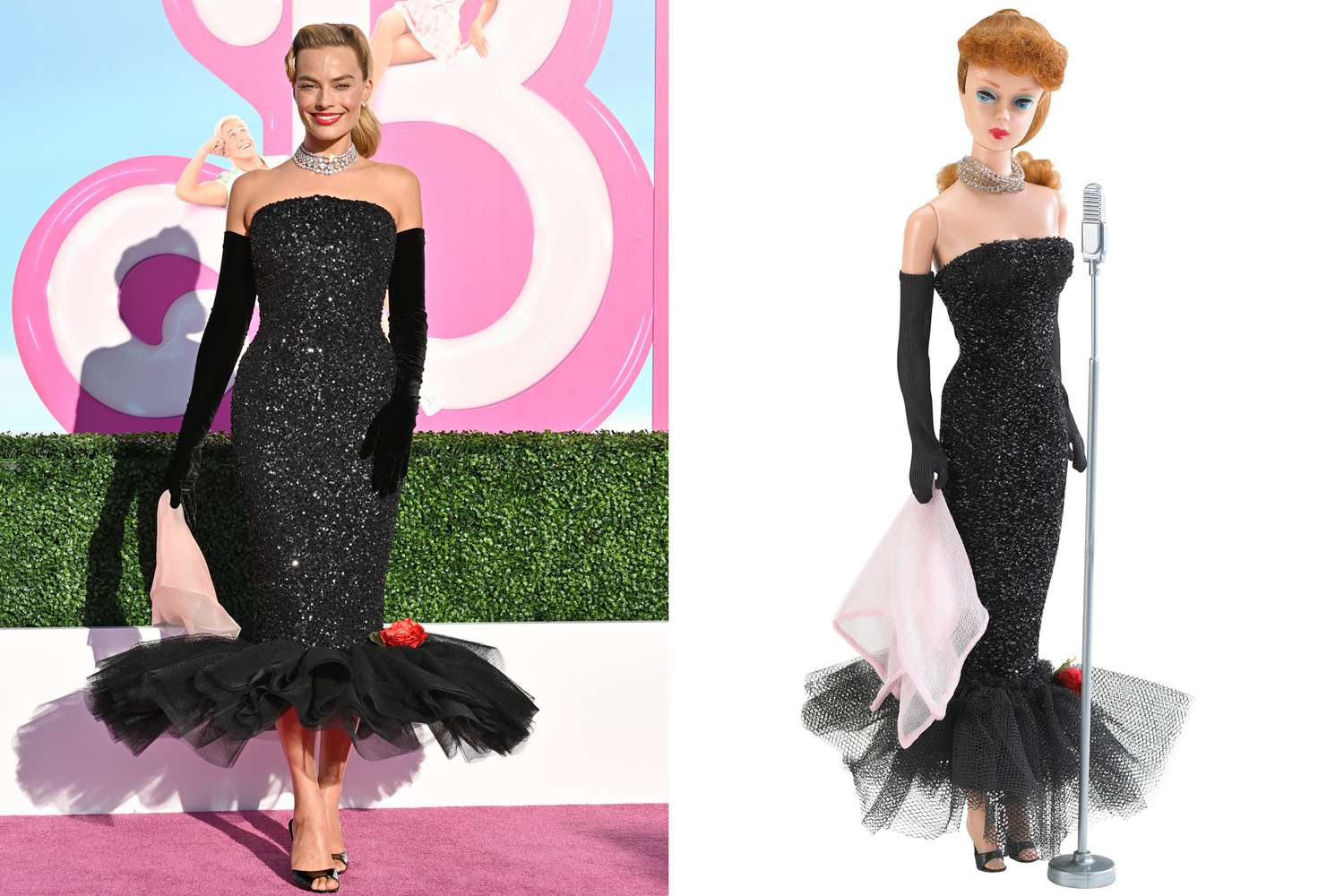 MARGOT ROBBIE wears custom SCHIAPARELLI; delights with replica of 1960s Barbie’s Solo in the Spotlight outfit