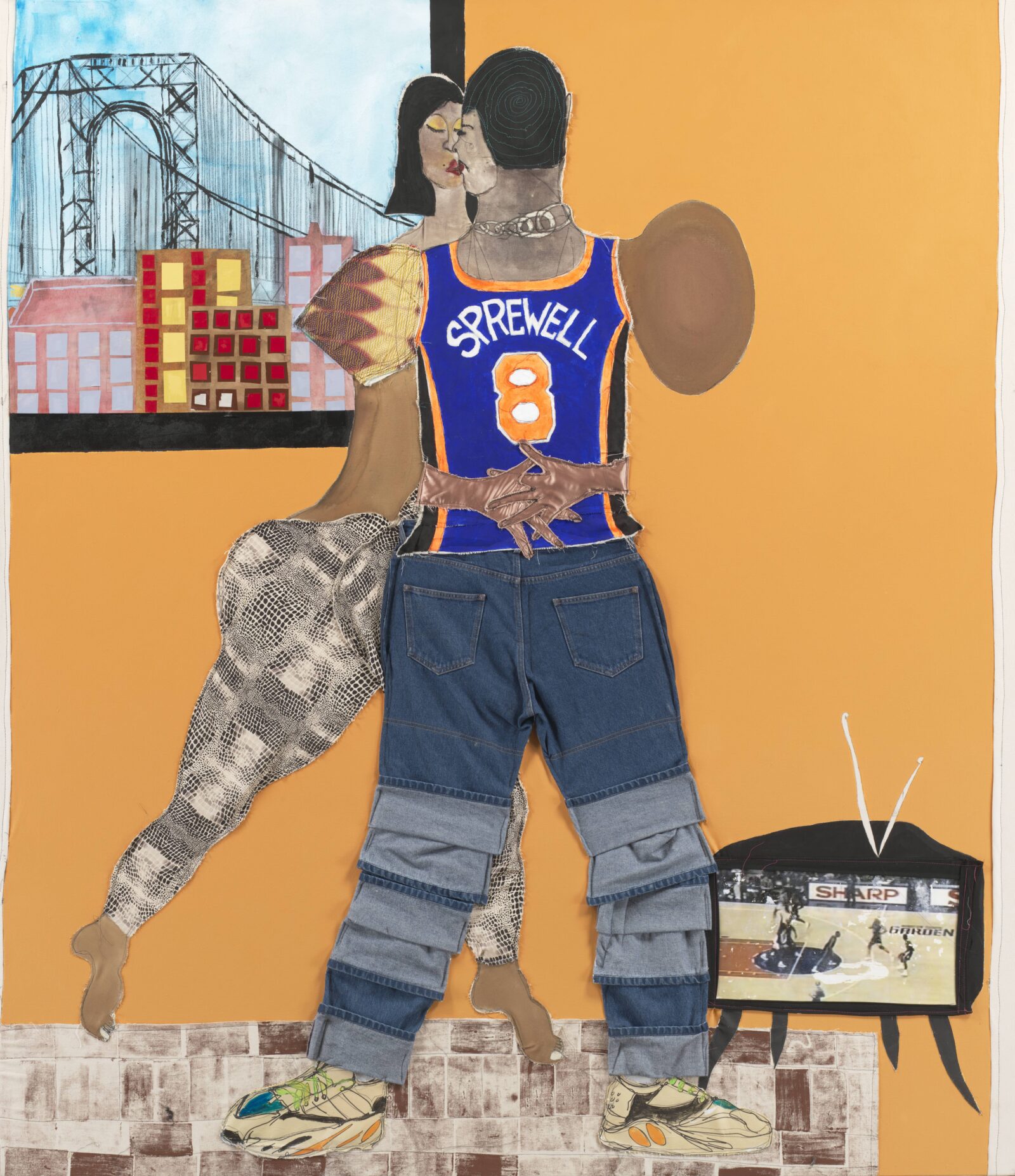 Tschabalala Self, Sprewell, 2020, fabric, thread, painted canvas, silk, jeans, painted newsprint, stamp, photographic transfer on paper, and acrylic on canvas, Solomon R. Guggenheim Museum, New York, gift, image courtesy of the artist; Pilar Corrias, London; and Galerie Eva Presenhuber, Zurich. © Tschabalala Self