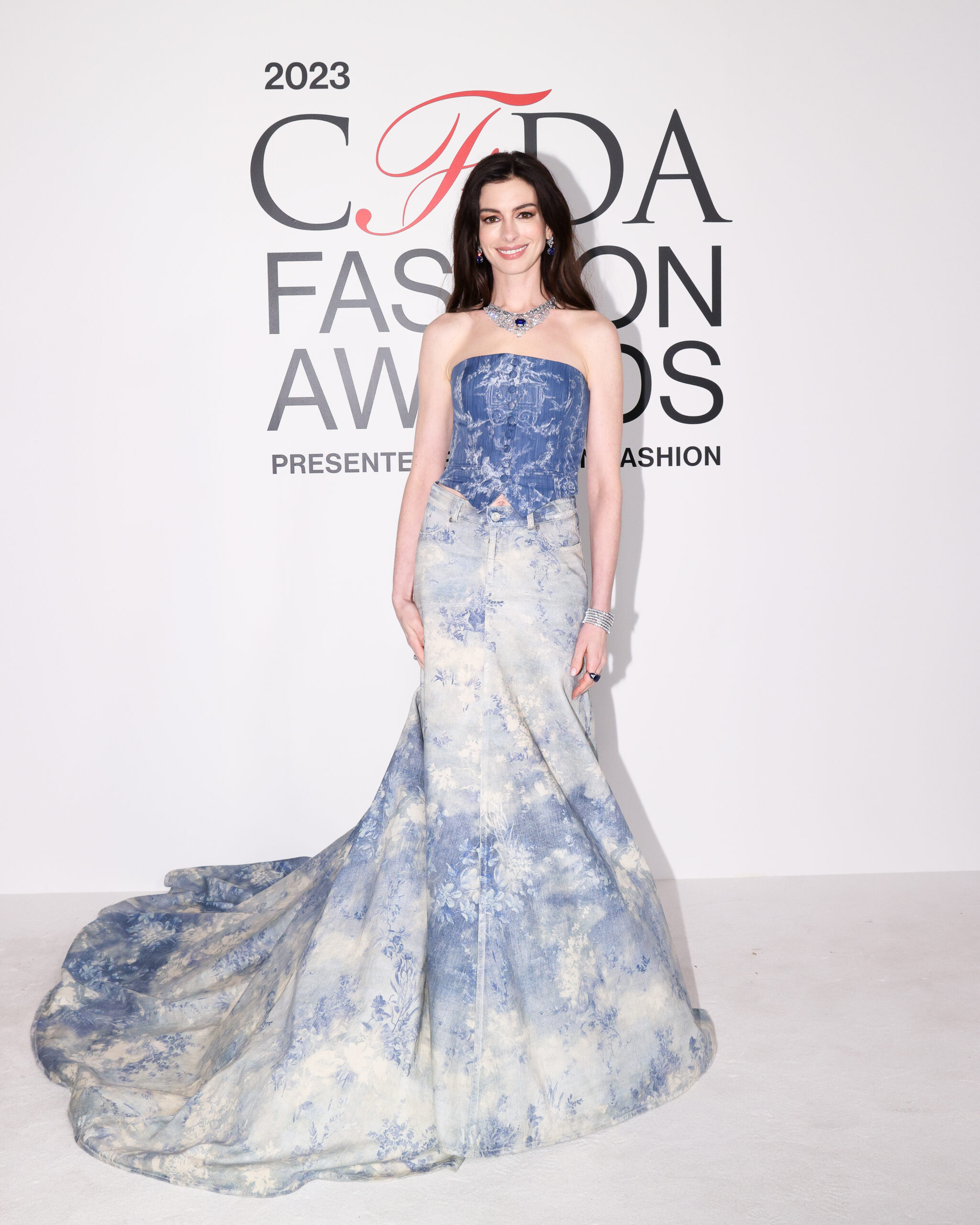 Anne Hathaway radiates grace at the 2023 CFDA Awards, donning a breathtaking Ralph Lauren SS24 gown with an exquisite blue floral design that echoes the freshness of spring.