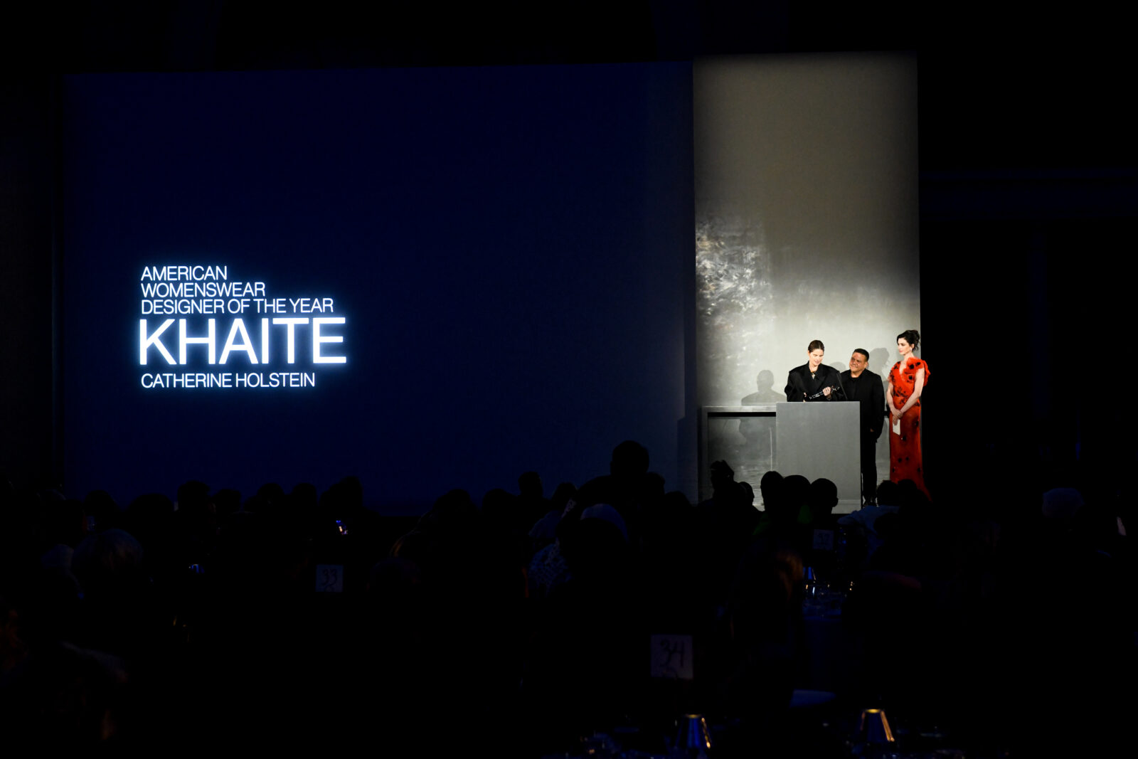 The spotlight shines on KHAITE as Catherine Holstein alongside Narciso Rodriguez and Anne Hathaway, is announced as the American Womenswear Designer of the Year at the CFDA Fashion Awards, a celebration of exceptional talent in the fashion industry.




