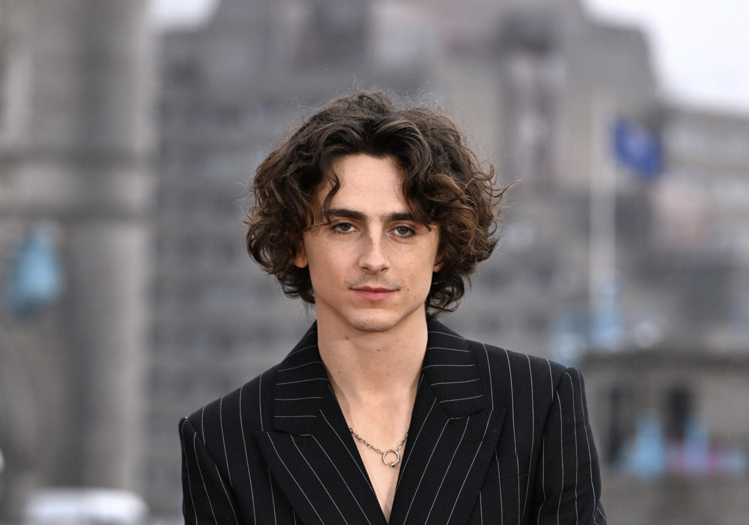 At the 'Wonka' photocall in London, Timothée Chalamet commands attention in an Alexander McQueen pinstripe suit paired with statement boots, his look an artful convergence of classic tailoring and modern fashion sensibilities.