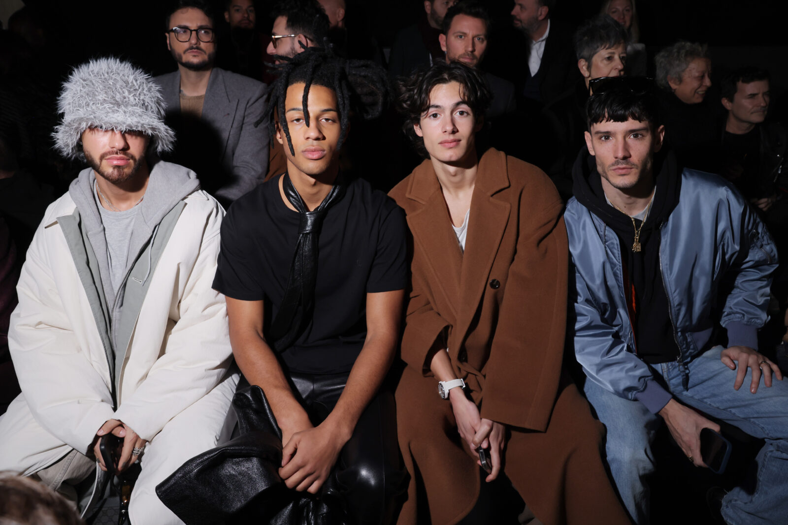 Milan in Style: Dimitris Kad, Sharl, Callum Mullin, and Diego Barrueco make a sartorial statement in the front row at Gucci's Ancora Fashion Show, Milan Fashion Week Menswear Fall/Winter 2024-2025. 