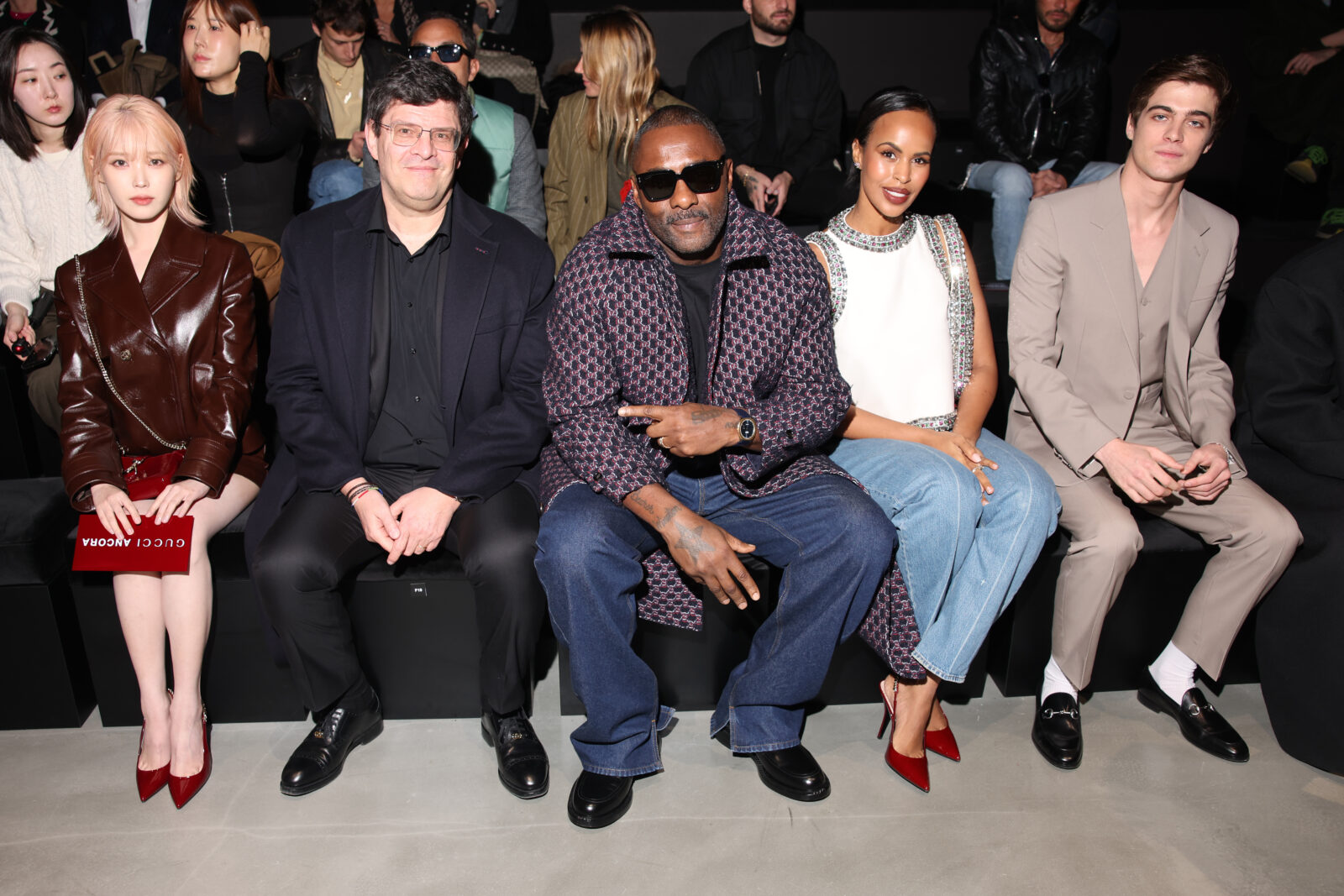 IU, Jean-François Palus, Idris Elba, Sabrina Elba and Lorenzo Zurzolo attend the Gucci Ancora Fashion Show during Milan Fashion Week