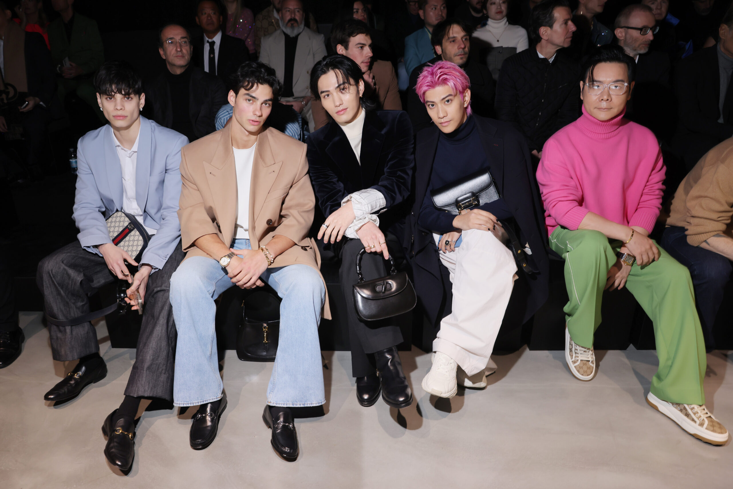Jean Carlo Leon Espinel, Jacob Rott, Shuzo Ohira, Yamato and a guest attends the Gucci Ancora Fashion Show during Milan Fashion Week