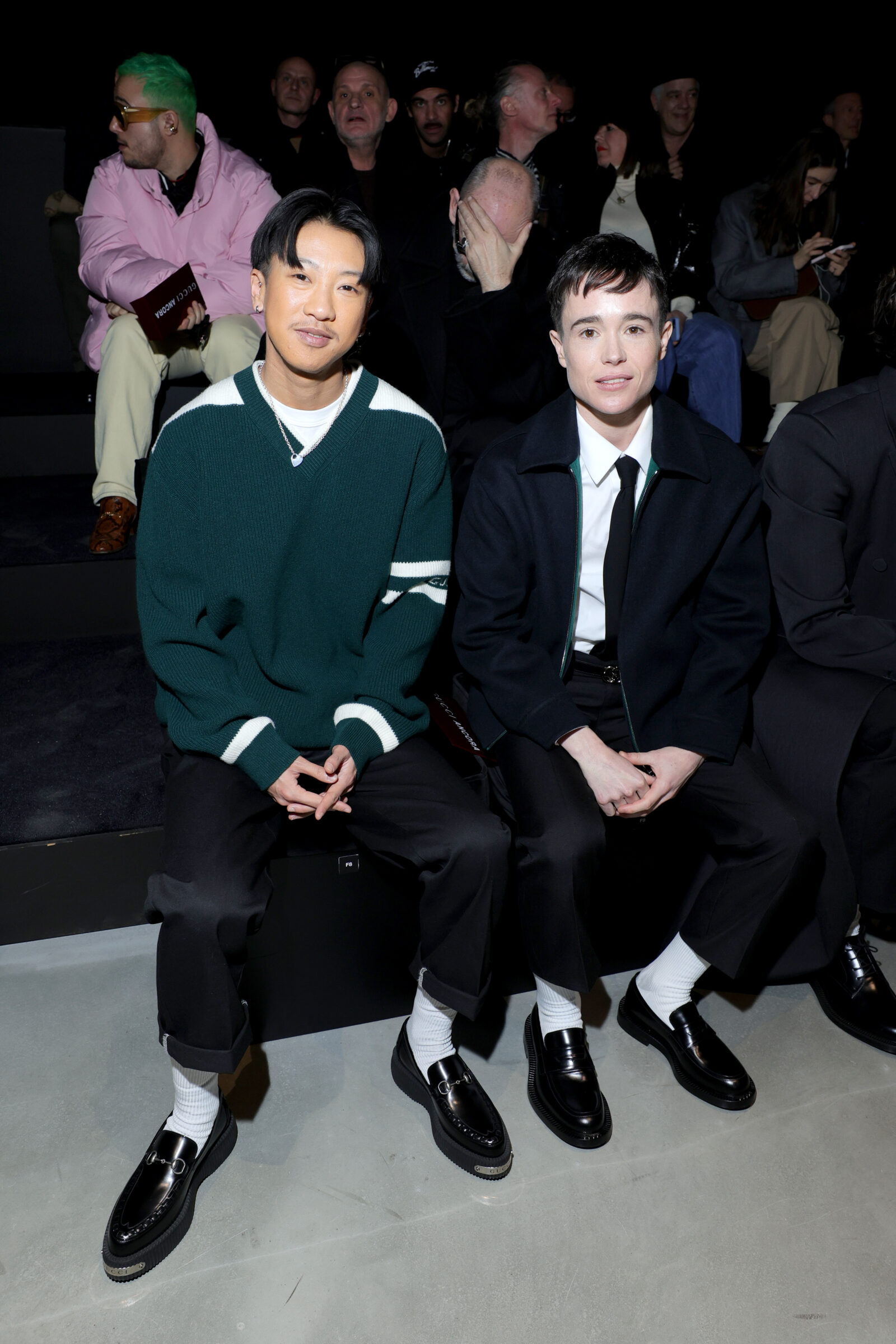 Jes Tom and Elliot Page attend the Gucci Ancora Fashion Show during Milan Fashion Week