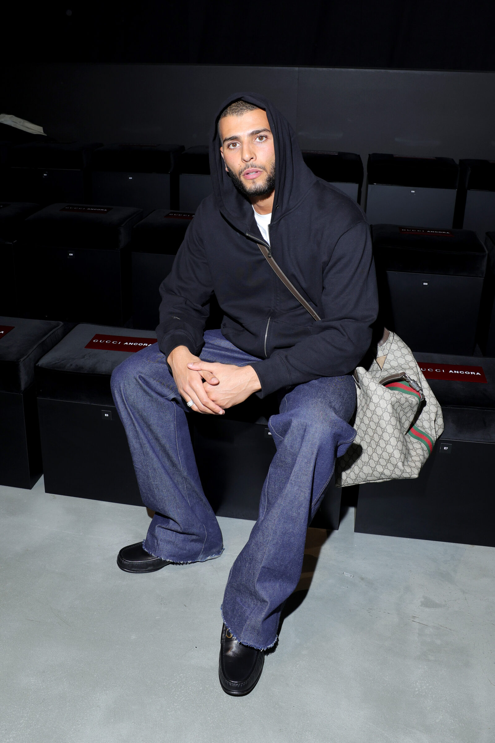 Younes Bendjima attends the Gucci Ancora Fashion Show during Milan Fashion Week Menswear Fall/Winter 2024-2025 on January 12, 2024 in Milan, Italy. 