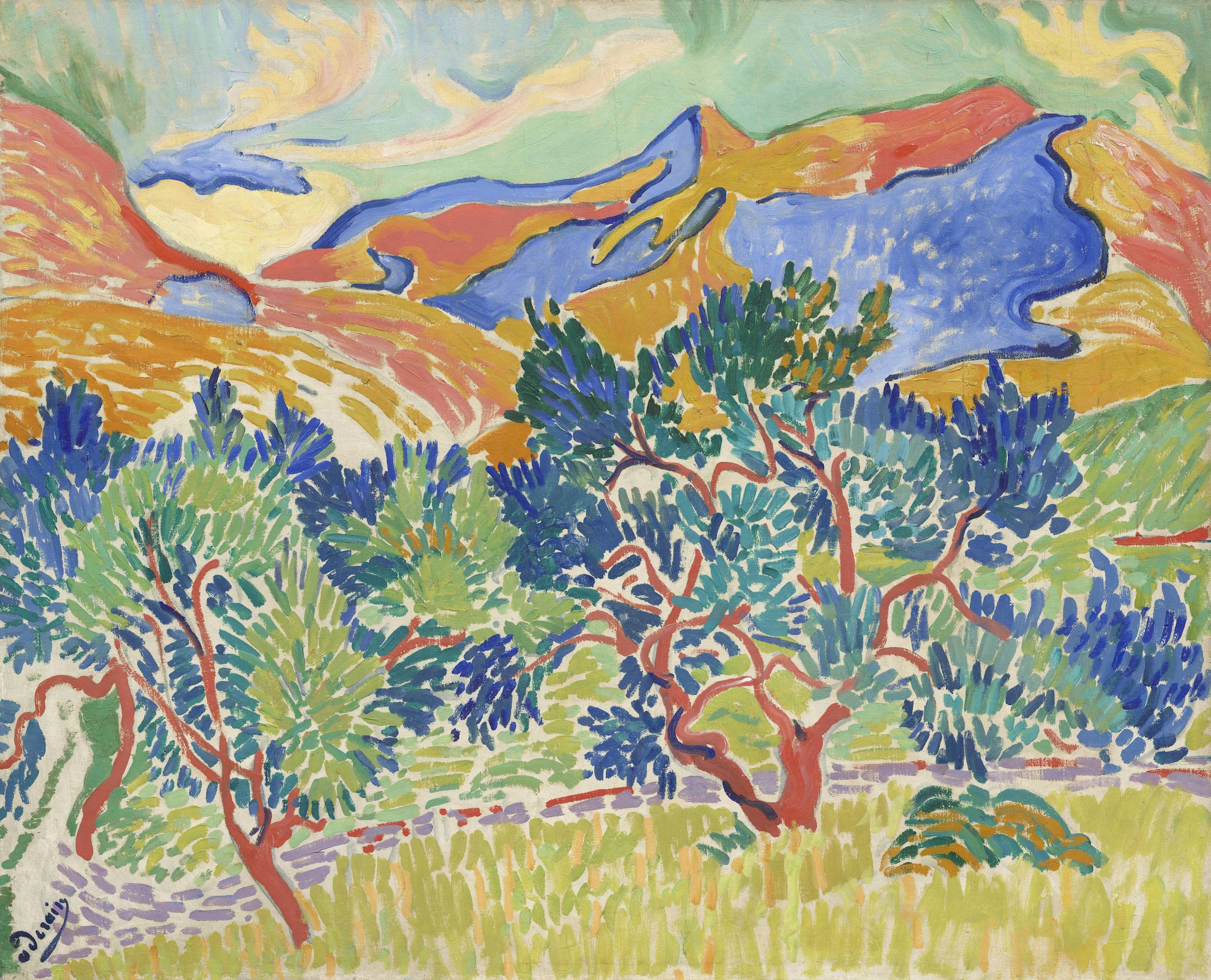 "Mountains at Collioure" by André Derain, an exuberant Fauvist landscape featuring rolling hills and trees in a riot of bright colors, with blue, green, yellow, and red dominating the canvas.