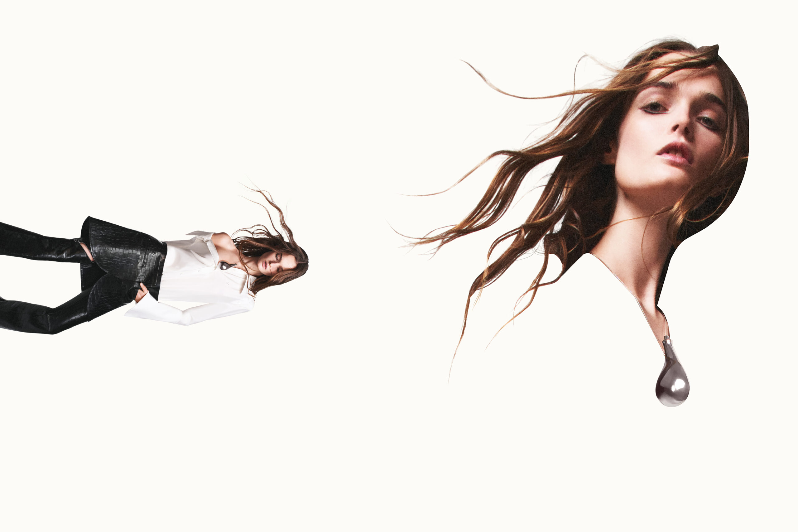 A split image for Courrèges' Spring/Summer 2024 campaign featuring a model in a white blouse and black pants in a floating pose on the left, and a close-up of a model with windswept hair and a silver teardrop earring on the right, set against a white background.