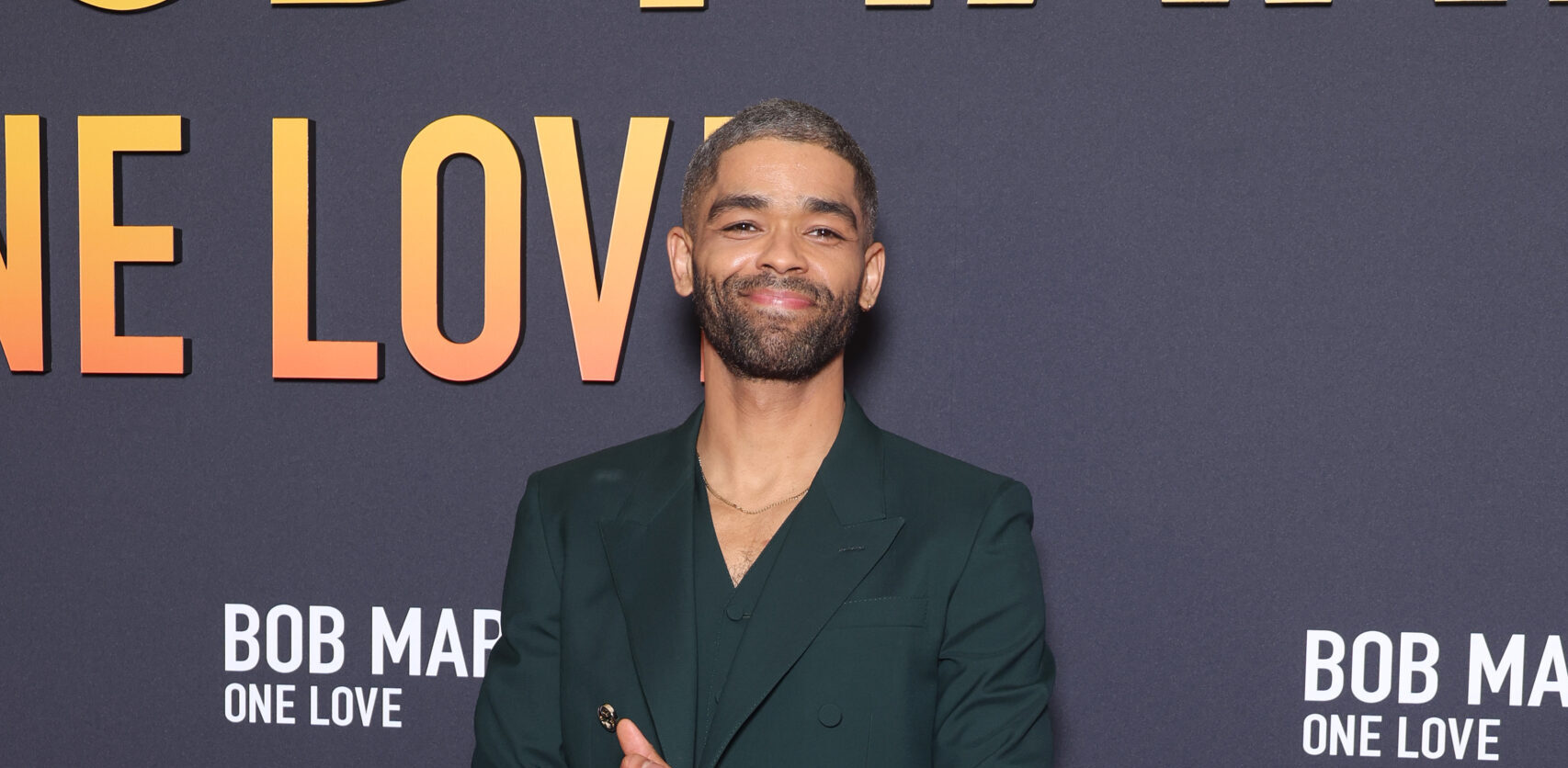 Kingsley Ben-Adir in a bespoke Gucci suit at the Paris premiere of "Bob Marley: One Love."