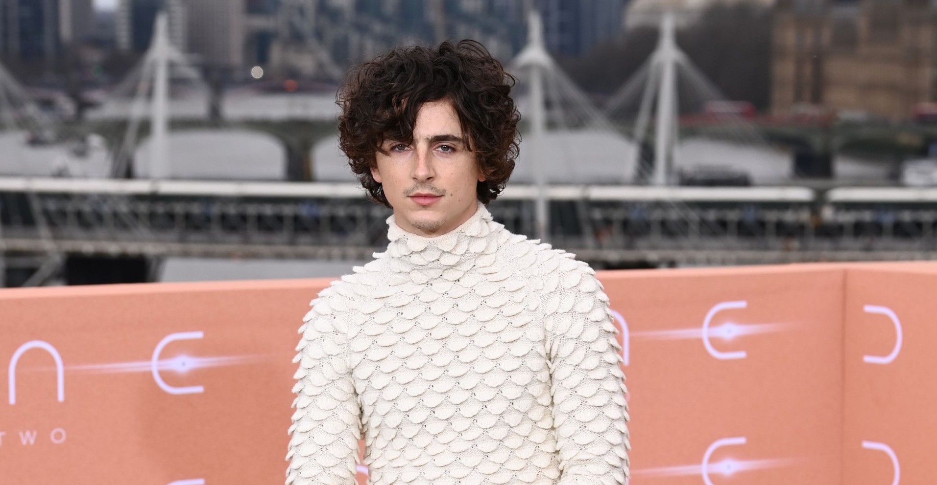 Actor Timothée Chalamet at the 'Dune: Part 2' London premiere, standing confidently on an orange carpet. He is dressed in a textured white wool jumper with a fish scale pattern, paired with sleek brown leather trousers and matching boots, with the Millennium Bridge in the background.