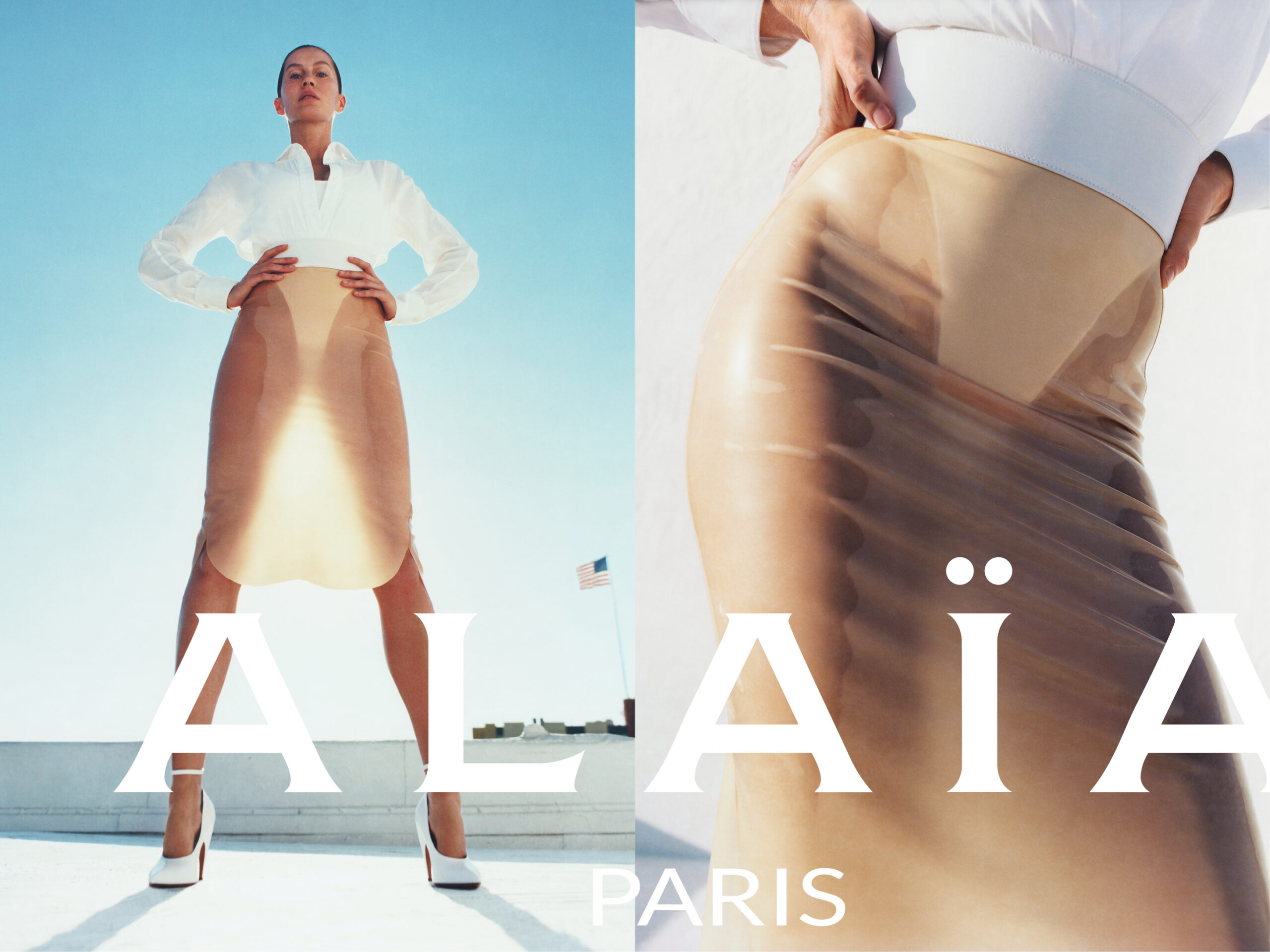 The image is split into two panels, both featuring Gisele Bündchen in the Alaïa Winter Spring 2024 campaign. The left panel shows her standing confidently with hands on hips, dressed in a white blouse and shiny beige latex skirt against a clear sky. The right panel is a close-up of the skirt's detail and the Alaïa logo.