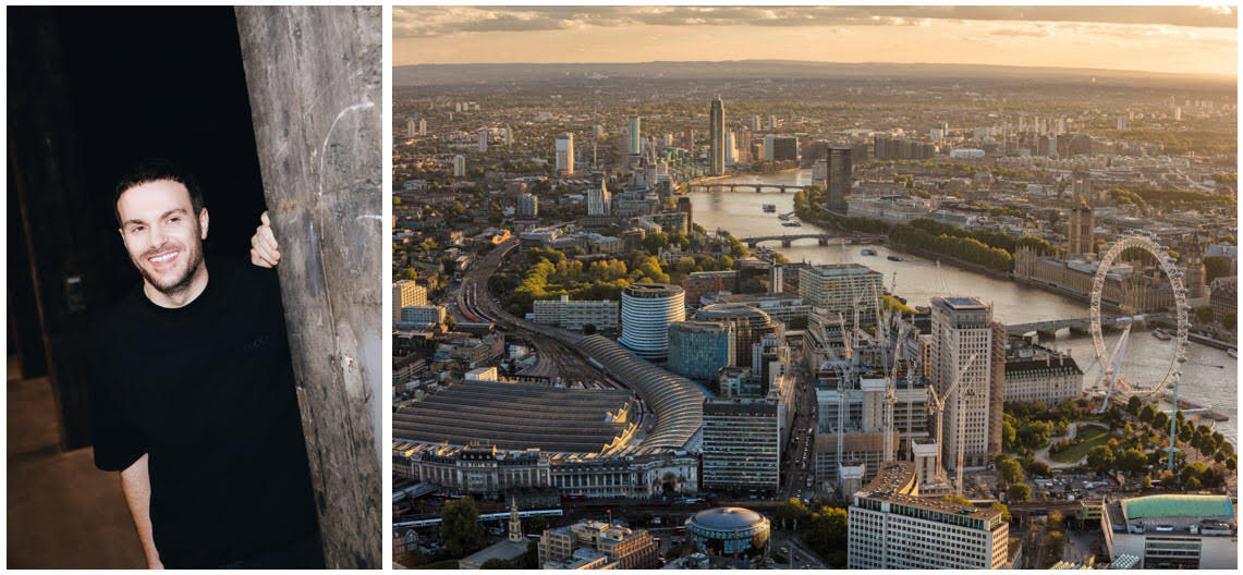 A composite image featuring a smiling Sabato De Sarno in a black t-shirt leaning against a rough textured wall on the left, and an aerial view of London showcasing iconic landmarks such as the River Thames and the London Eye during golden hour on the right.
