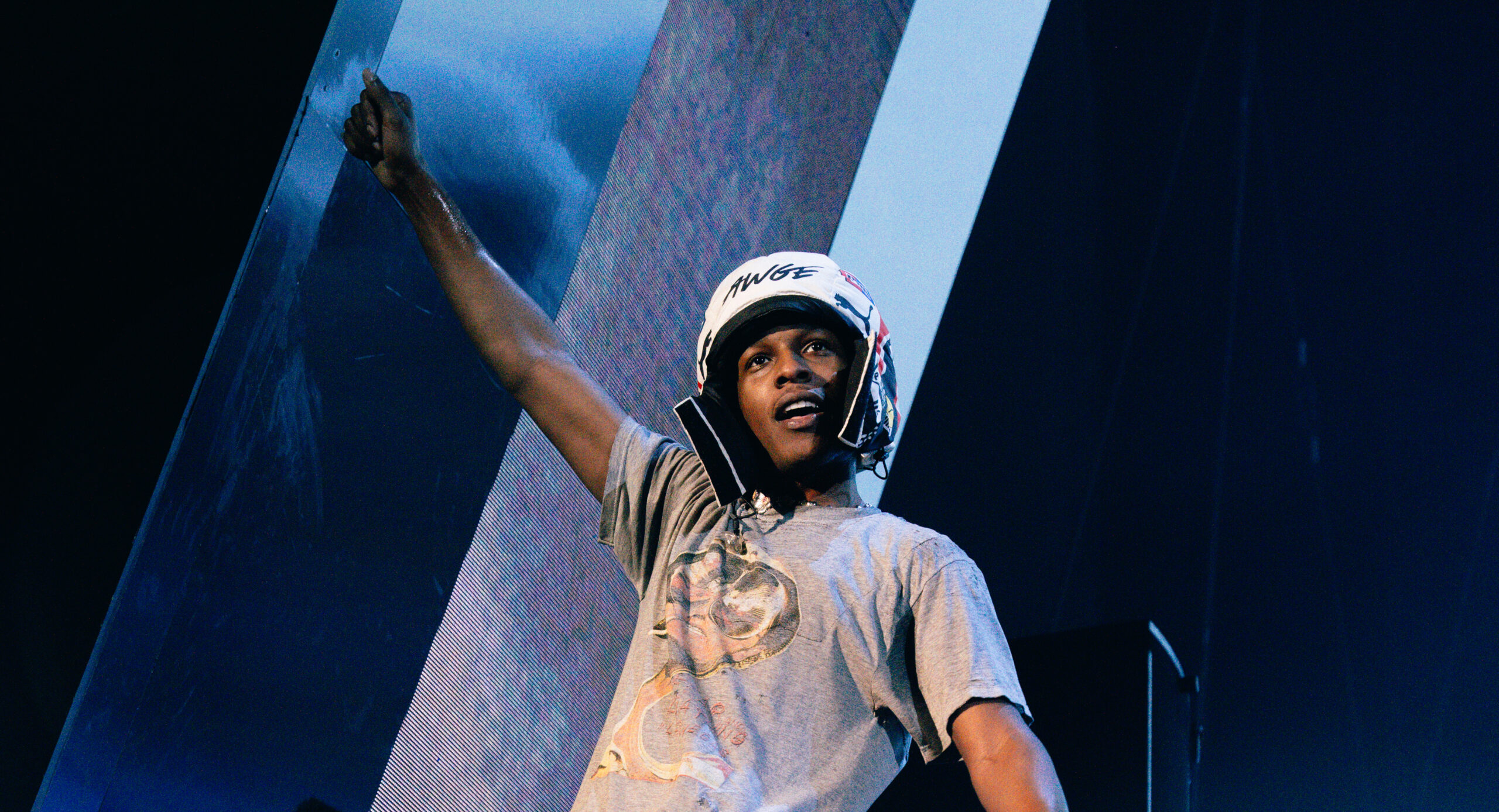 A$AP Rocky performs at the Saudi Arabia Grand Prix, wearing gear from his upcoming collaboration with PUMA.