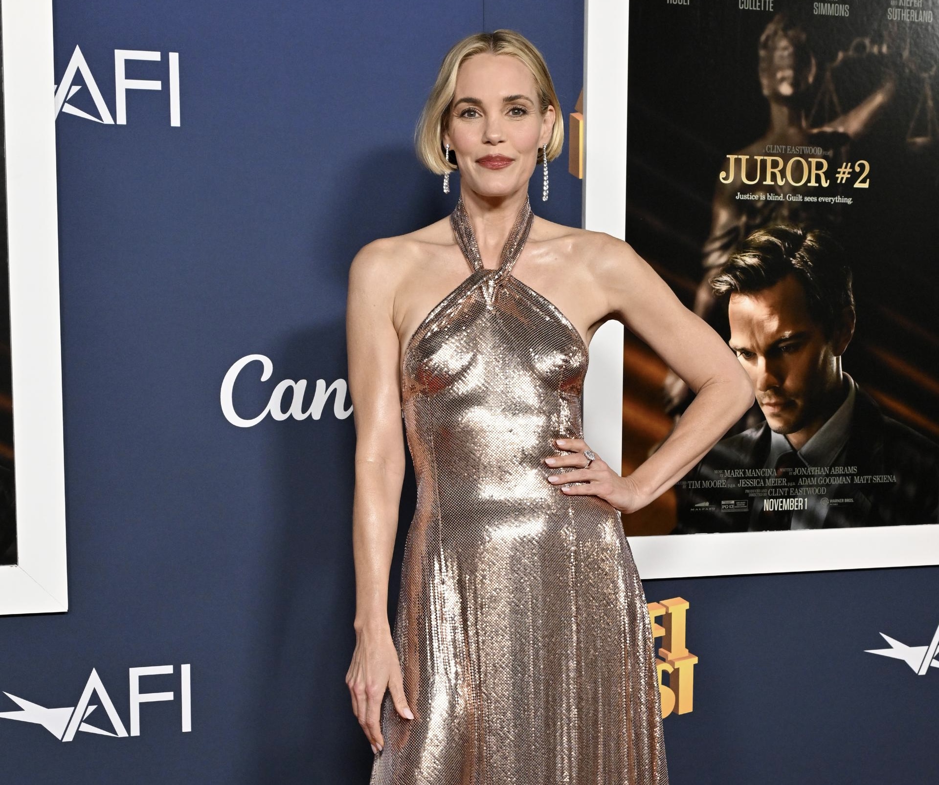 Leslie Bibb Stuns on the Red Carpet in Metallic Rabanne at ‘Juror #2’ Screening